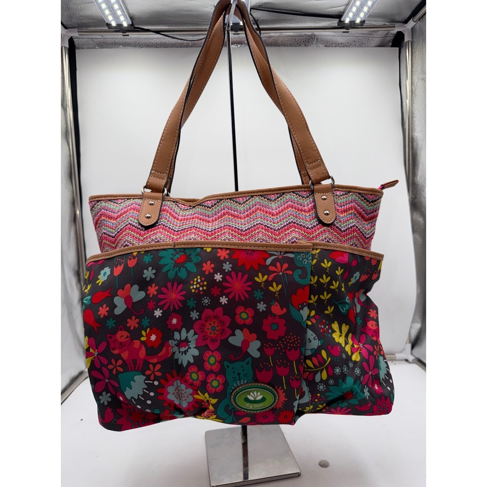 Lily Bloom Cat Floral Chevron Tote Bag Shoulder Purse Multicolored Eco Friendly